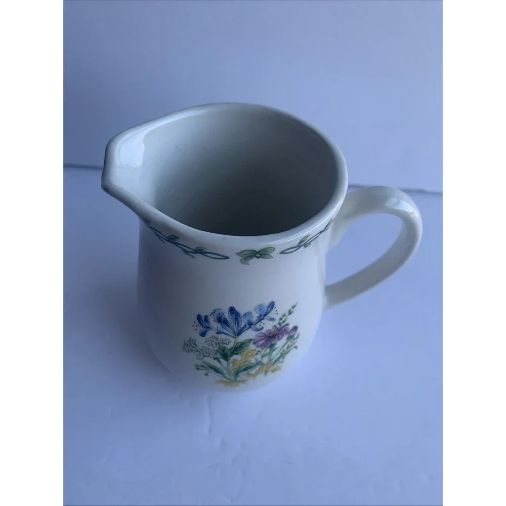 Thomson Pottery Floral Garden Creamer Pitcher White Ceramic‎ Cottage Aesthetic